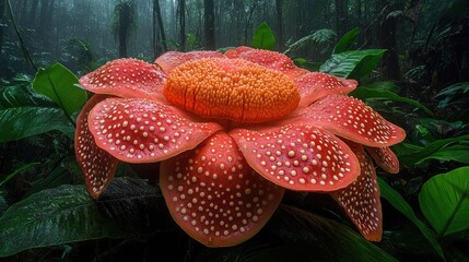 Vibrant close-up of a large red flower surrounded by lush green foliage in a misty forest