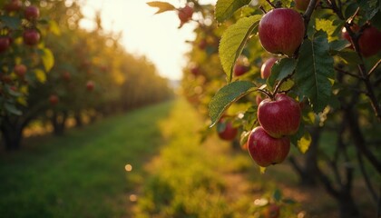 Ripe Apples Hanging in Orchard Ready for Harvest During Autumn Day