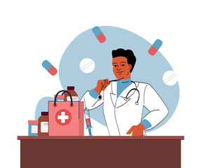Doctor with medical supplies and stethoscope on desk. 