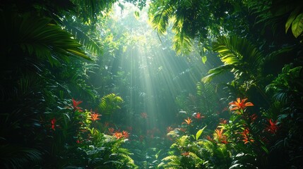 Obraz premium Lush tropical rainforest with vibrant flowers, sunlight filtering through foliage, serene atmosphere