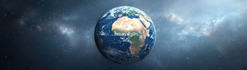 A vibrant depiction of Earth in space, showcasing its continents and oceans against a backdrop of stars and cosmic clouds.