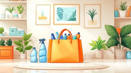 Brightly lit room featuring an orange bag filled with cleaning bottles, surrounded by plants and artwork
