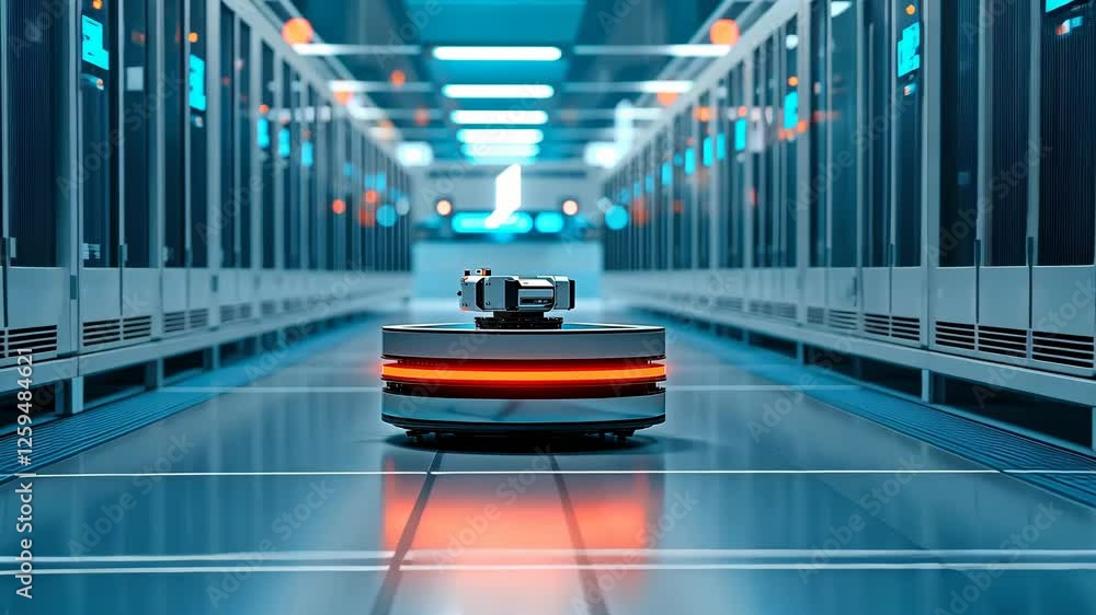 Aufkleber cleanroom technology, a sleek robotic unit navigates a high-tech hallway lined with server racks, il