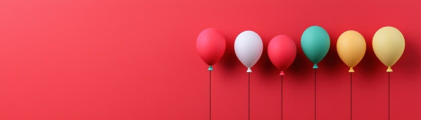 Colorful balloons in a row against a vibrant red background, creating a festive and cheerful atmosphere.