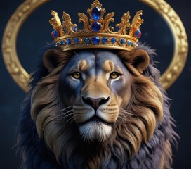Elaborate lion crown with gemstones against deep indigo background, feline luxury, jewel-toned wonder
