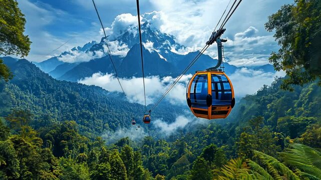Scenic cable car ride through lush mountains with clouds and greenery