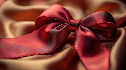 Elegant red satin bow resting on smooth golden fabric, creating a luxurious gift presentation