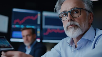 Strategic Analysis: A seasoned businessman in a serious and contemplative mood, intently analyzing financial data displayed on multiple screens in a dimly lit office.