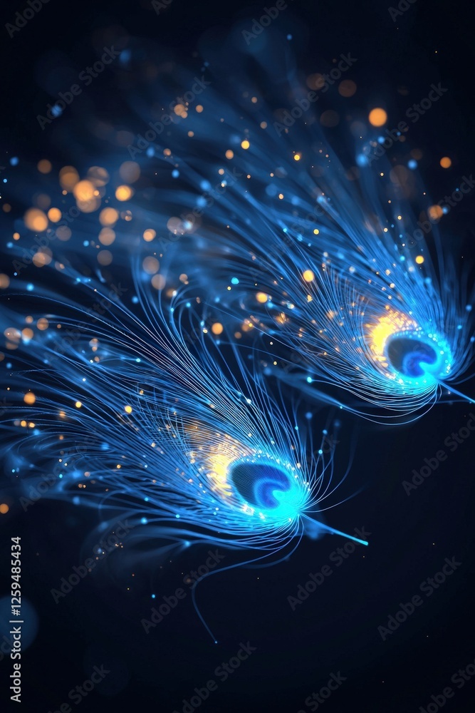 Poster floating peacock feather glowing with celestial patterns