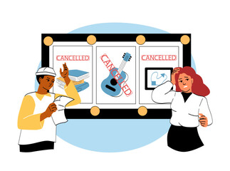 People reacting to event cancellations on notice board. 