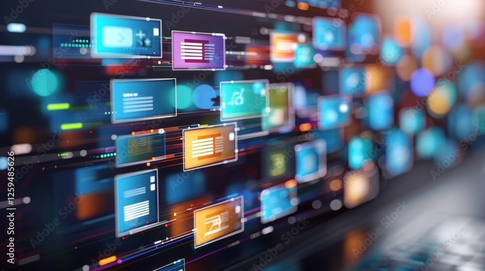 Poster abstract network grid with files and folders, futuristic software interface, digital document manage