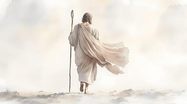 biblical illustration of genesis,  Abraham Leaving His Homeland Walking with Staff and Billowing Robe Evoking a Sense of Faith and Divine Calling