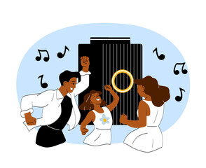 Happy family dancing to music outdoors near a tall building. 