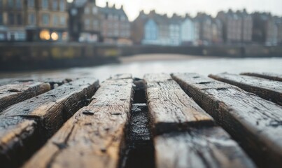 Wooden Dock by the Sea with Blurry Cityscape Background