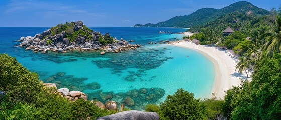 Obraz premium Tropical Paradise Beach with Turquoise Water and Lush Greenery on a Sunny Day Vacation