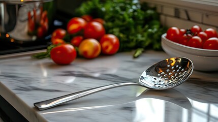Fresh tomatoes and herbs on a kitchen counter with a shiny slotted spoon ready for cooking