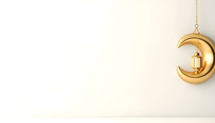A golden crescent and lamp on a white background, representing Islamic heritage and the essence of Ramadan