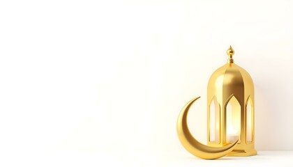Golden crescent and lamp on a white background, symbolizing Islamic heritage and the spirit of Ramadan