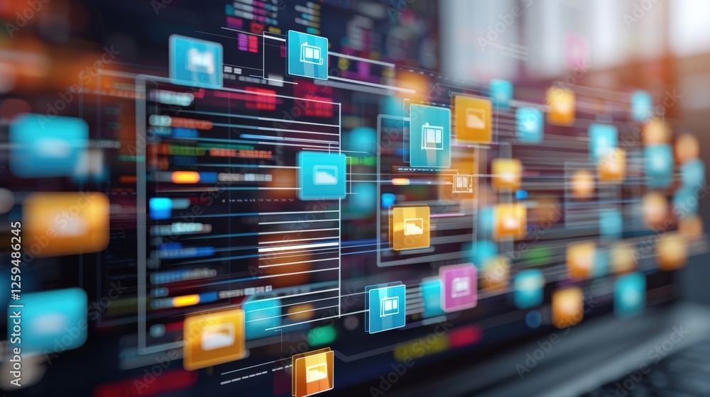 Poster abstract network grid with files and folders, futuristic software interface, digital document manage