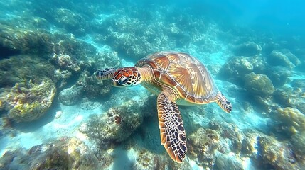 Fototapeta premium Graceful Sea Turtle Swimming in Turquoise Water Over a Coral Reef in Tropical Ocean