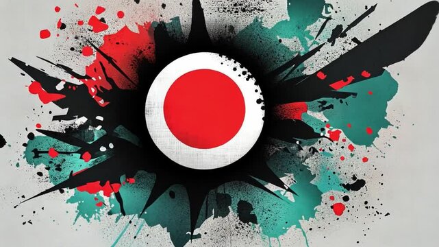 Abstract Red Circle Explosion: A vibrant explosion of red, black, and teal paint splatters surrounds a central red circle on a gray background, creating a dynamic and energetic abstract artwork.