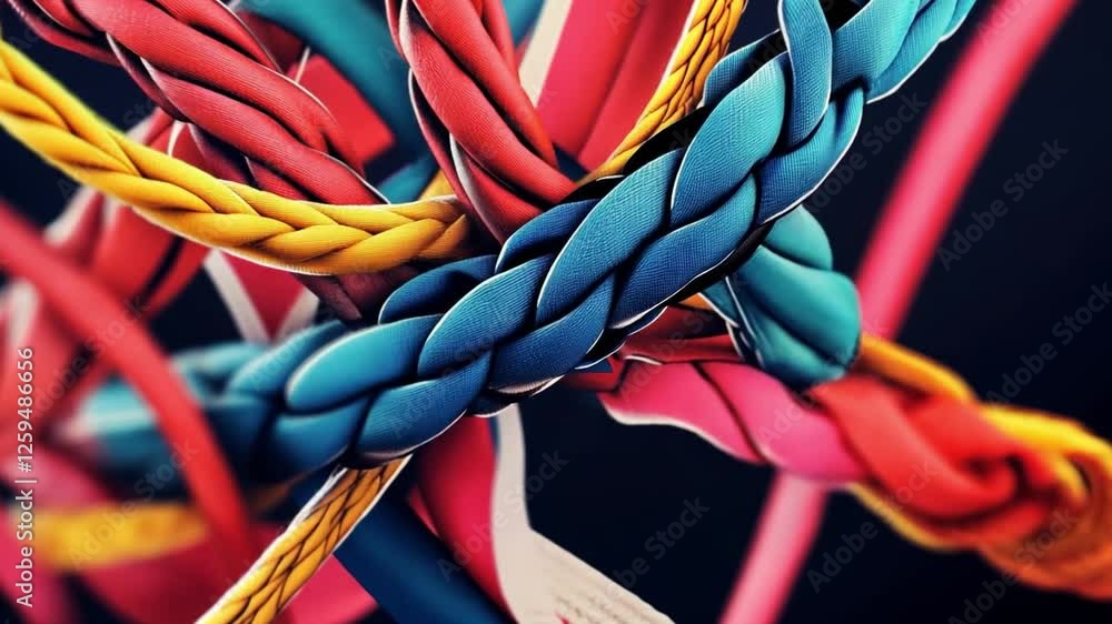 Poster intertwined threads: a vibrant tapestry of colorful woven ropes intertwines in a captivating dance, 