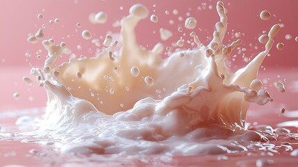 Creamy milk splash creating dynamic patterns against a soft pink background, evoking freshness