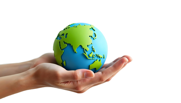 Hands gently holding a globe against a transparent background, symbolizing Earth Day and global unity for a sustainable future