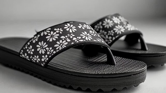 Stylish black flip-flops with floral design on a neutral background