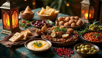 Fototapeta premium A festive table featuring Middle Eastern cuisine pita, olives, hummus, falafel, dolma, and Ramadan decorations