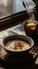 Rustic oatmeal with granola and steaming tea on a sunny windowsill