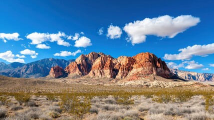Obraz premium A scenic landscape featuring vibrant red rock formations under a clear blue sky adorned with fluffy white clouds.