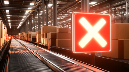 Red X Sign on Conveyor Belt in Industrial Warehouse