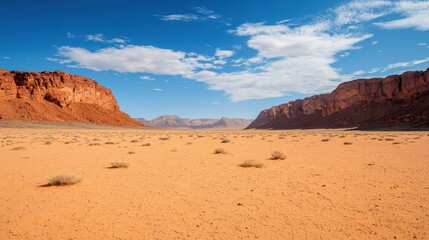 A vast desert landscape with sandy terrain, rocky cliffs, and a bright blue sky dotted with clouds.