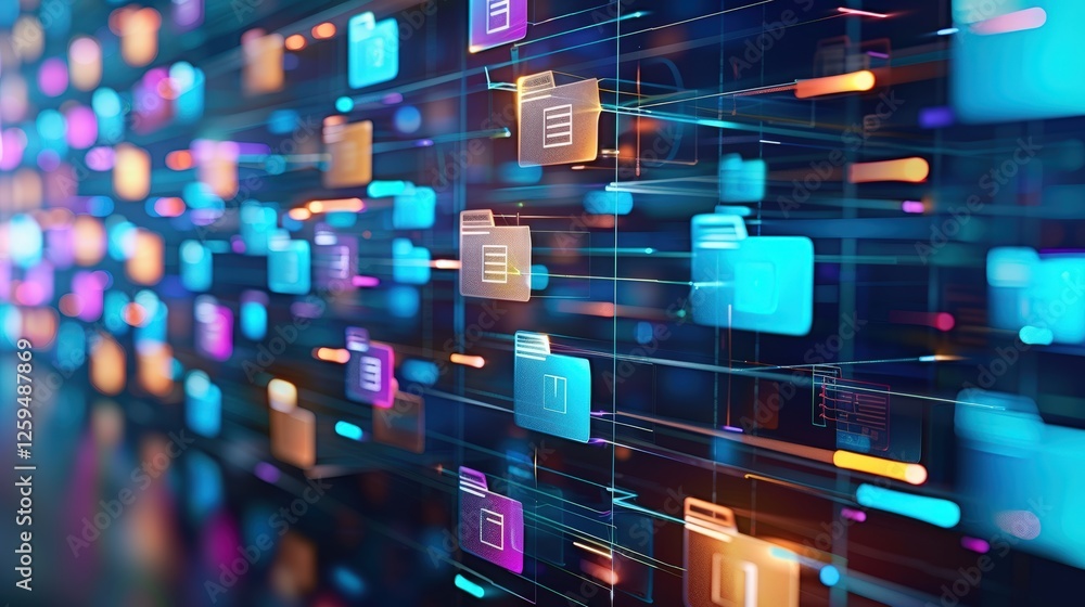 Poster abstract network grid with files and folders, futuristic software interface, digital document manage