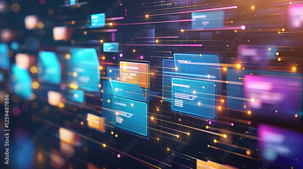 Poster abstract network grid with files and folders, futuristic software interface, digital document manage
