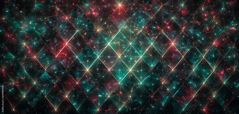 Poster abstract glowing triangle grid with sparkles and neon colors background