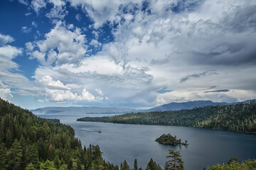 Beautiful scenic Emerald Bay at Lake Tahoe with dramatic clouds