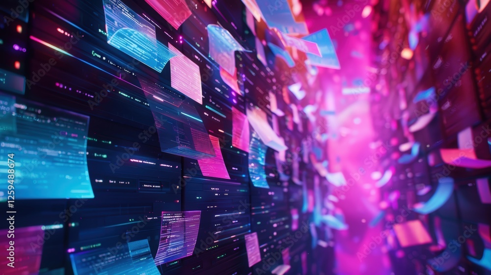 Poster abstract network grid with files and folders, futuristic software interface, digital document manage