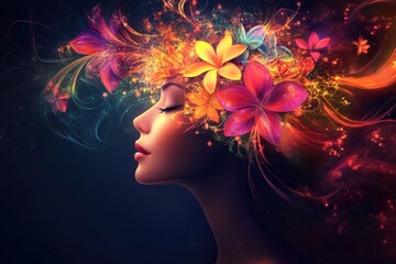 Serene Woman Adorned with Vibrant, Glowing Flowers