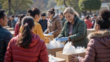 Group of volunteers joyfully distributing food packages in a community event outdoors

