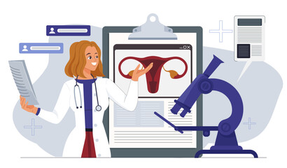 Female doctor explaining uterus anatomy with medical documents. 