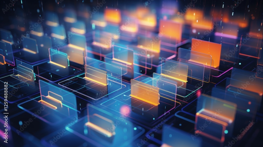 Poster abstract network grid with files and folders, futuristic software interface, digital document manage