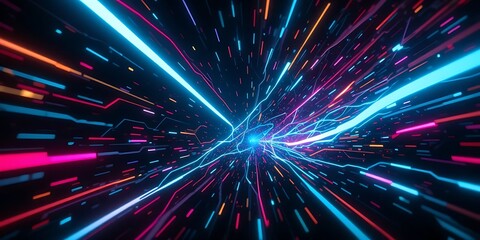 Abstract Neon Light Streaks, Data Transmission and Futuristic Technology Concept