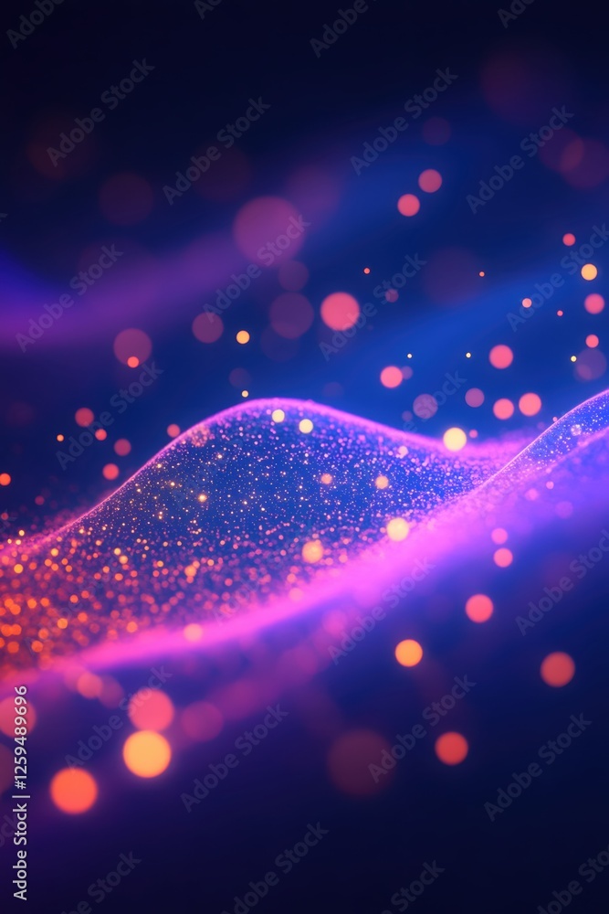 Poster abstract glowing particle wave with bokeh lights on a dark blue background