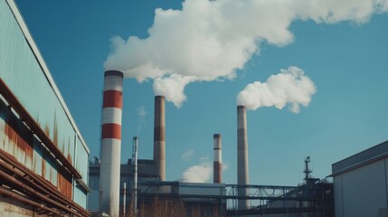 Industrial complex. Smoke stacks and processing units. Emphasizing heavy industry and pollution. Ideal for environmental impact reports.