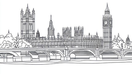 London skyline, Houses of Parliament, Big Ben, Thames River, travel guide illustration