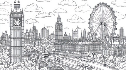 Fototapeta premium London skyline sketch Big Ben, Eye, Parliament, buses. Adult coloring book page