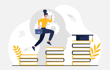 Woman climbing books towards success in education and career. 