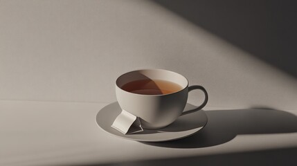 Obraz premium Sunlit teacup on saucer, minimalist setting, calm background, for websites